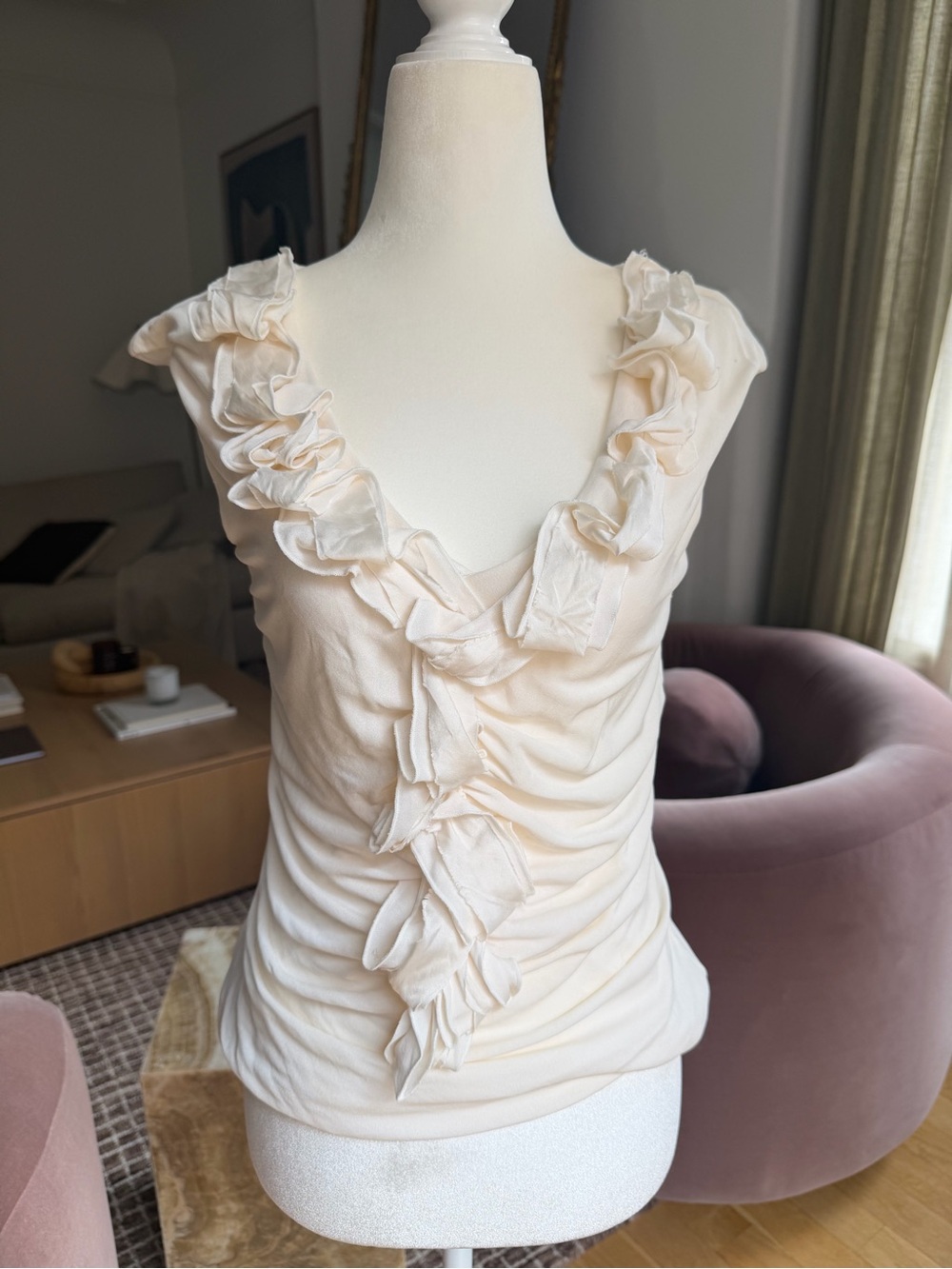 Classiques Entier Cream 70% Silk Ruffled V-Neck Sleeveless Camisole